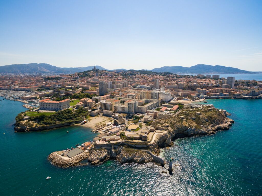 Aerial view of Marseille pier - Vieux Port, Saint Jean castle, a